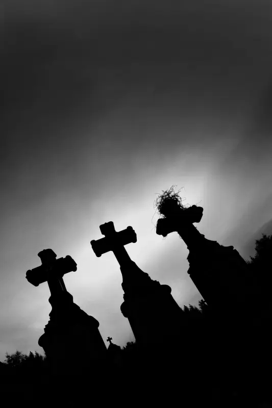 Kreuze im Gegenlicht auf einem französischem Friedhof